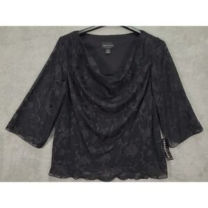 Connected Woman Black Floral Burnout Cowl Neck 3/4 Sleeve Top Plus Size 18W